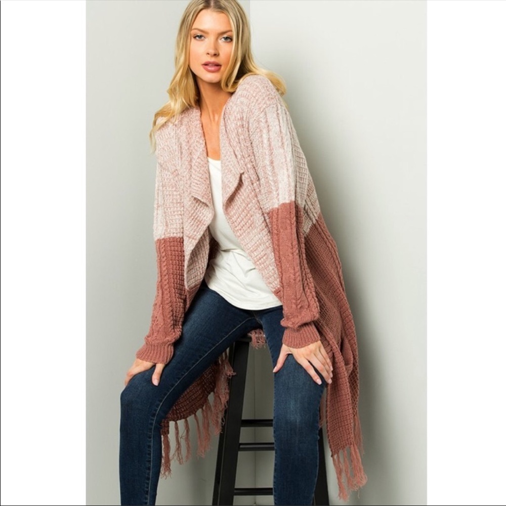 Mauve Color Block Fringe Cardigan - Picture 3 of 5